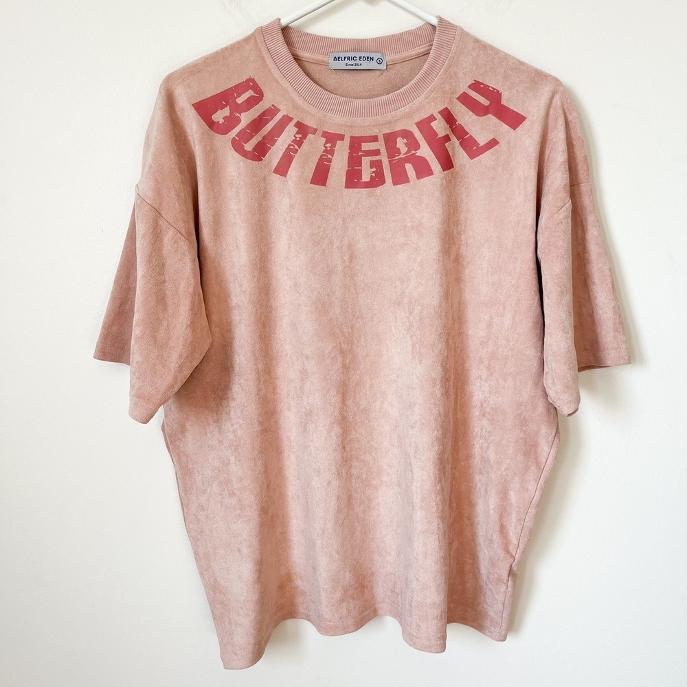Aelfric Eden Pink Butterfly Skeleton Short‎ Sleeve Shirt Mens Small Faux Suede
